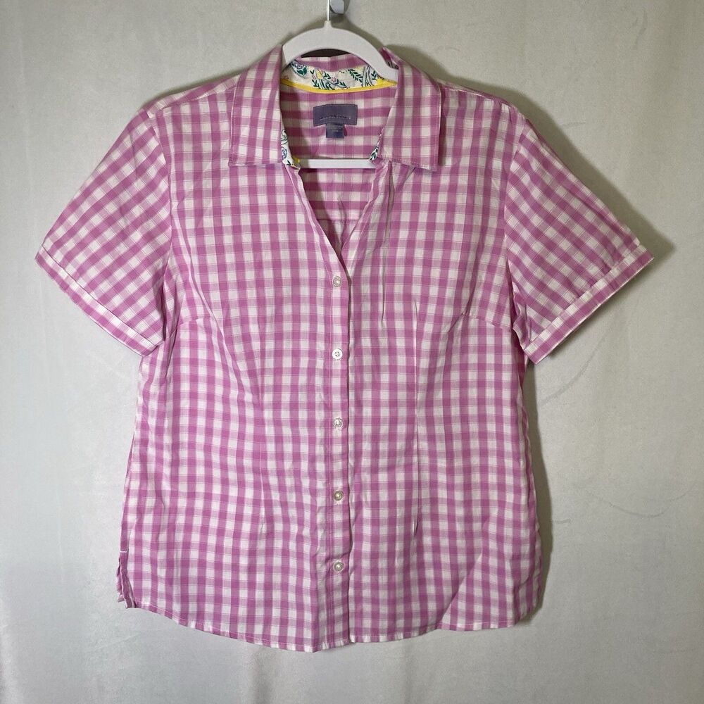 LAURA SCOTT purple white checkered short sleeve button up top M